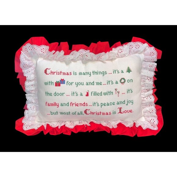 Vintage Other - Vtg Christmas Pillow With Embroidered Quote Ruffle Trim 17"x12"